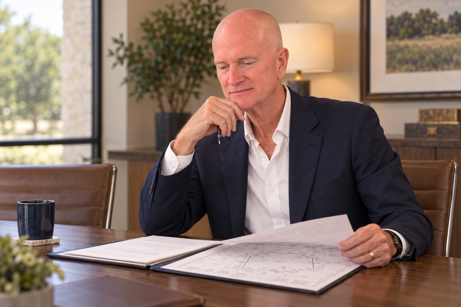 Dan Russell with closing documents and a property survey